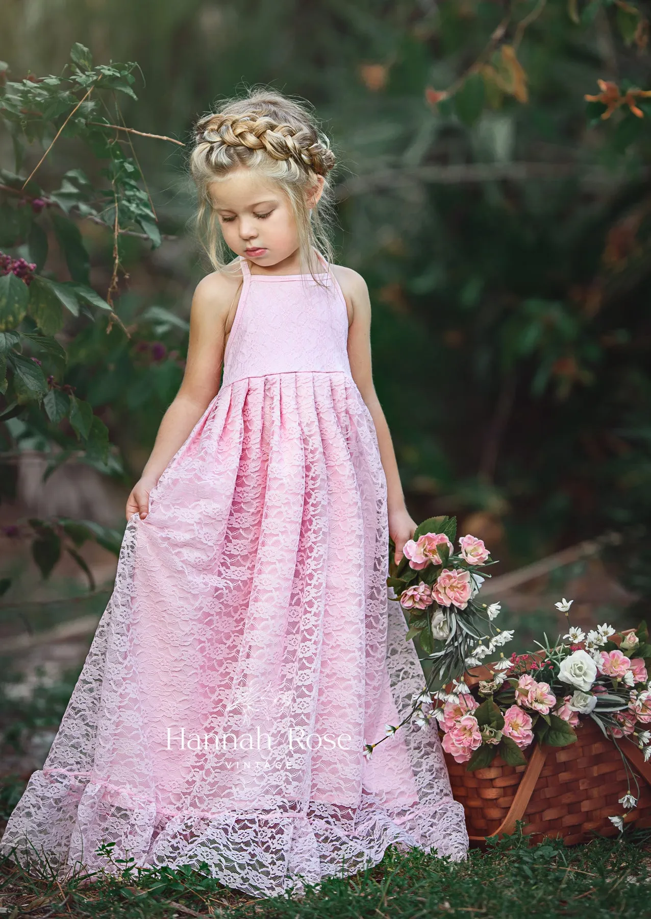 Boho Rustic Pink Lace Halter Flower Girl Dress | Fairytale Wedding