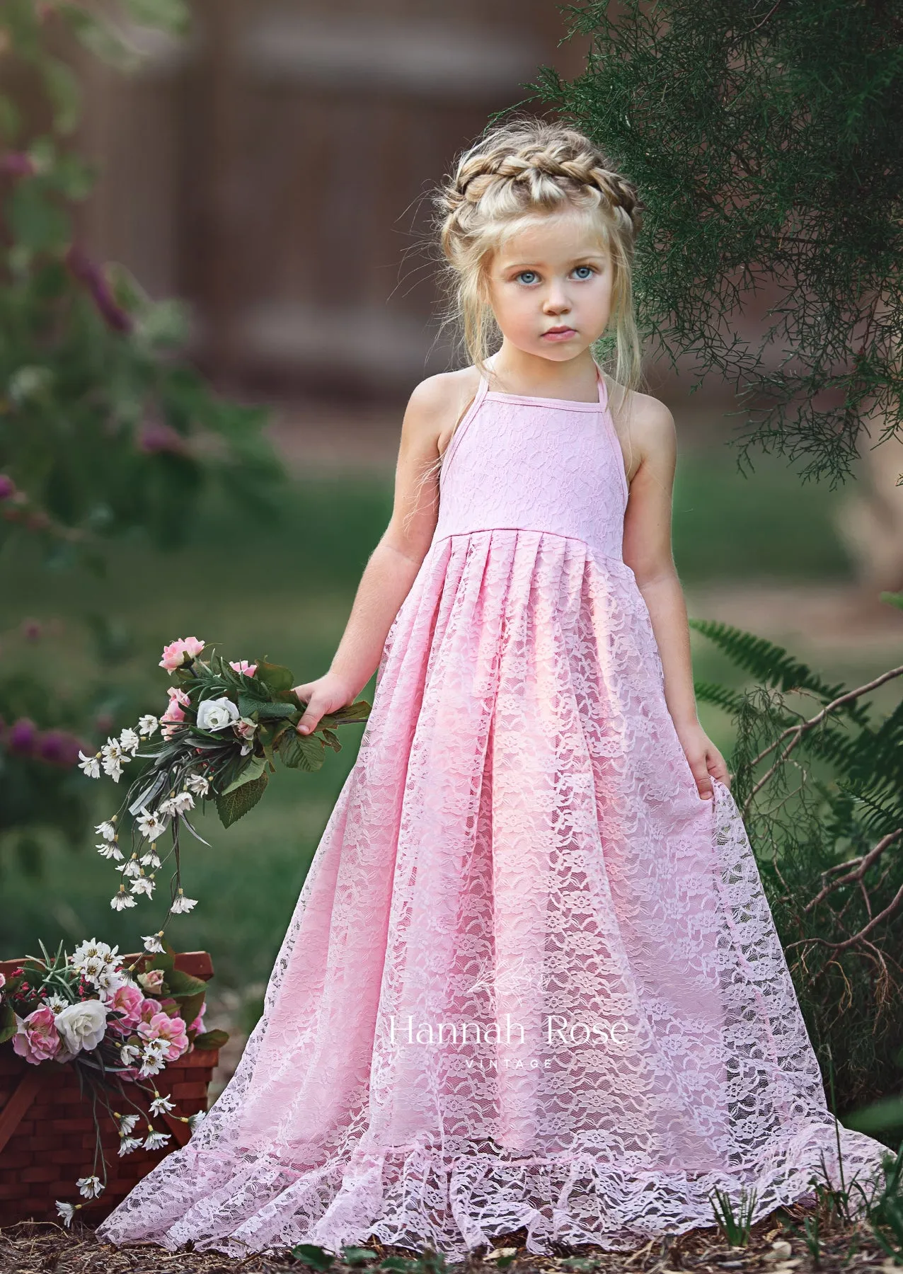 Boho Rustic Pink Lace Halter Flower Girl Dress | Fairytale Wedding