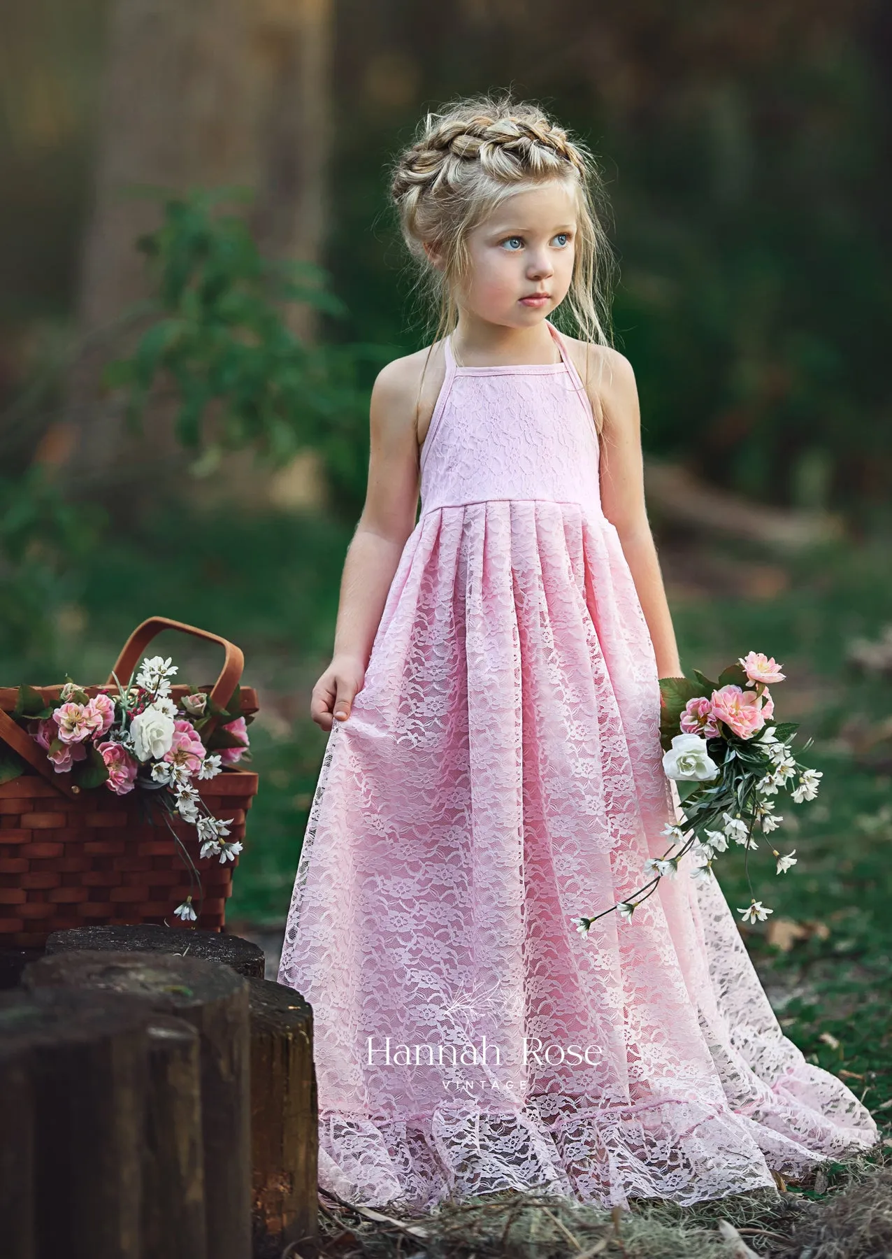 Boho Rustic Pink Lace Halter Flower Girl Dress | Fairytale Wedding