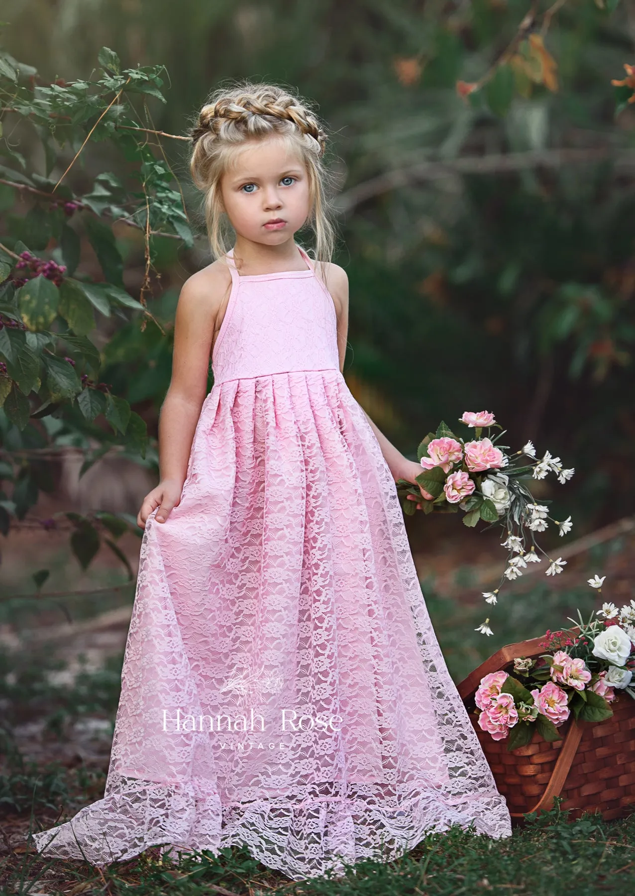 Boho Rustic Pink Lace Halter Flower Girl Dress | Fairytale Wedding