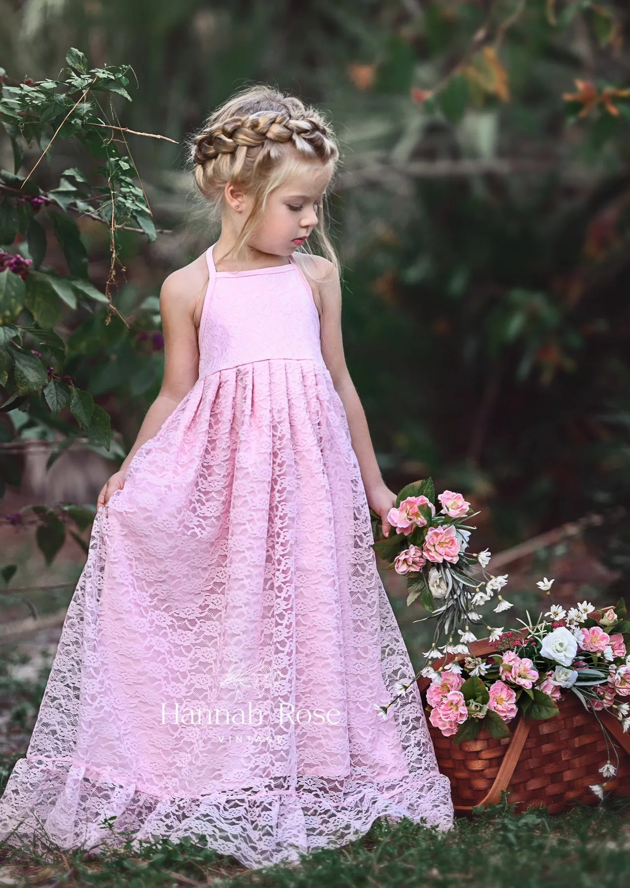 Boho Rustic Pink Lace Halter Flower Girl Dress | Fairytale Wedding
