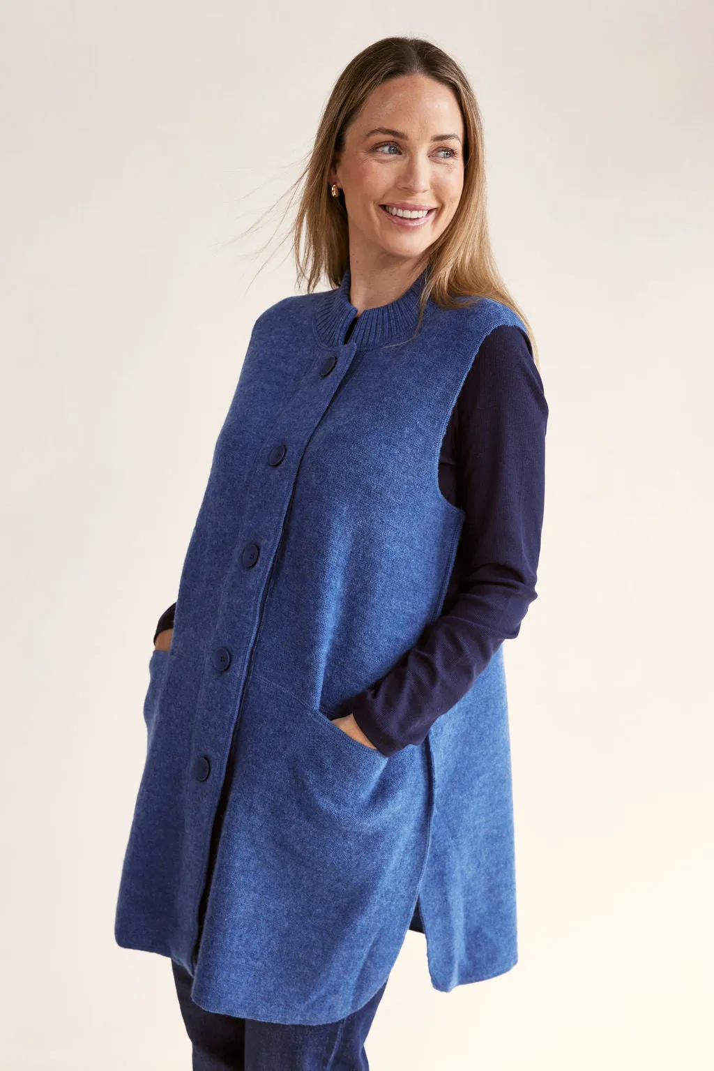 Boiled Wool Longline Button Front Rib Vest - Denim