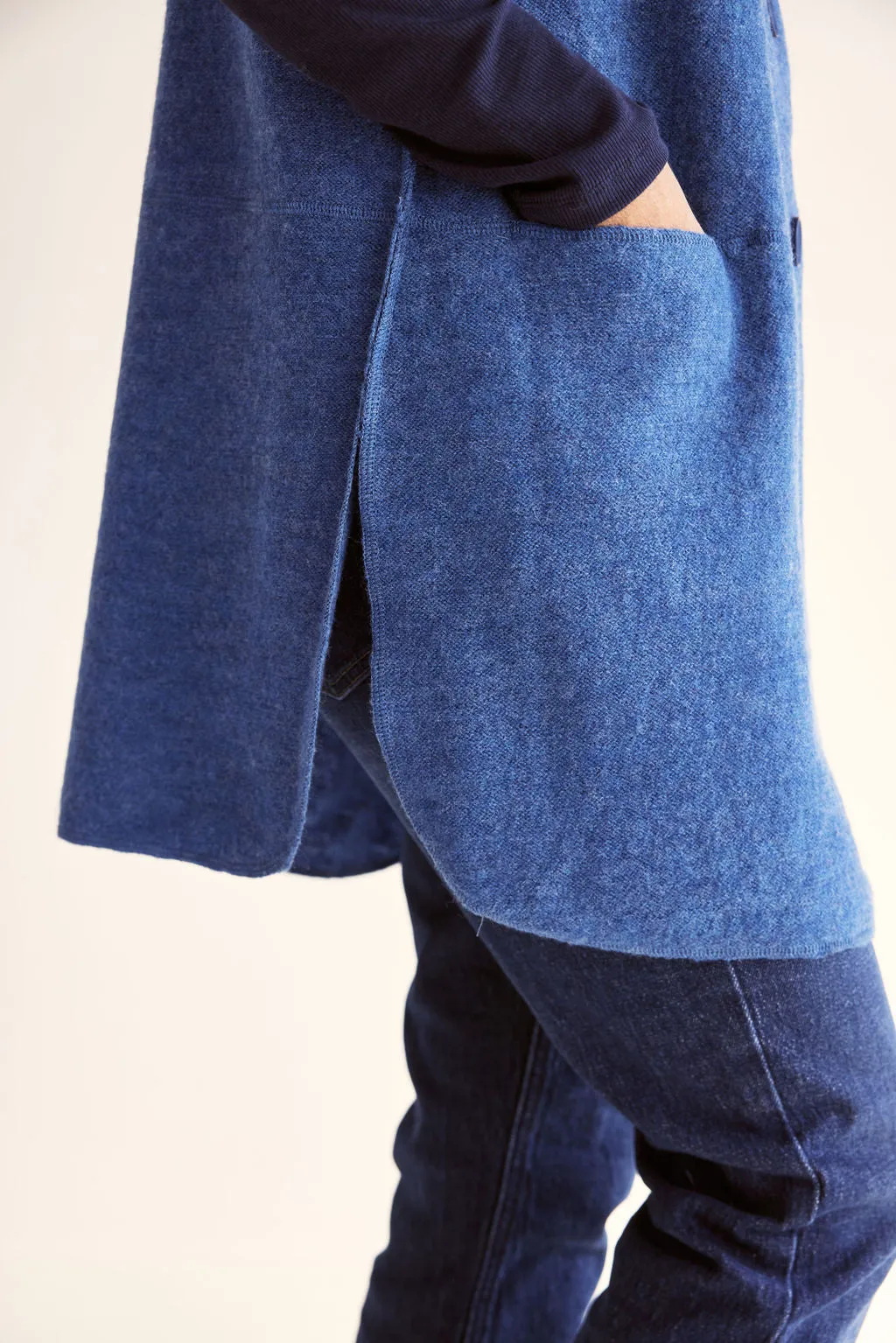 Boiled Wool Longline Button Front Rib Vest - Denim