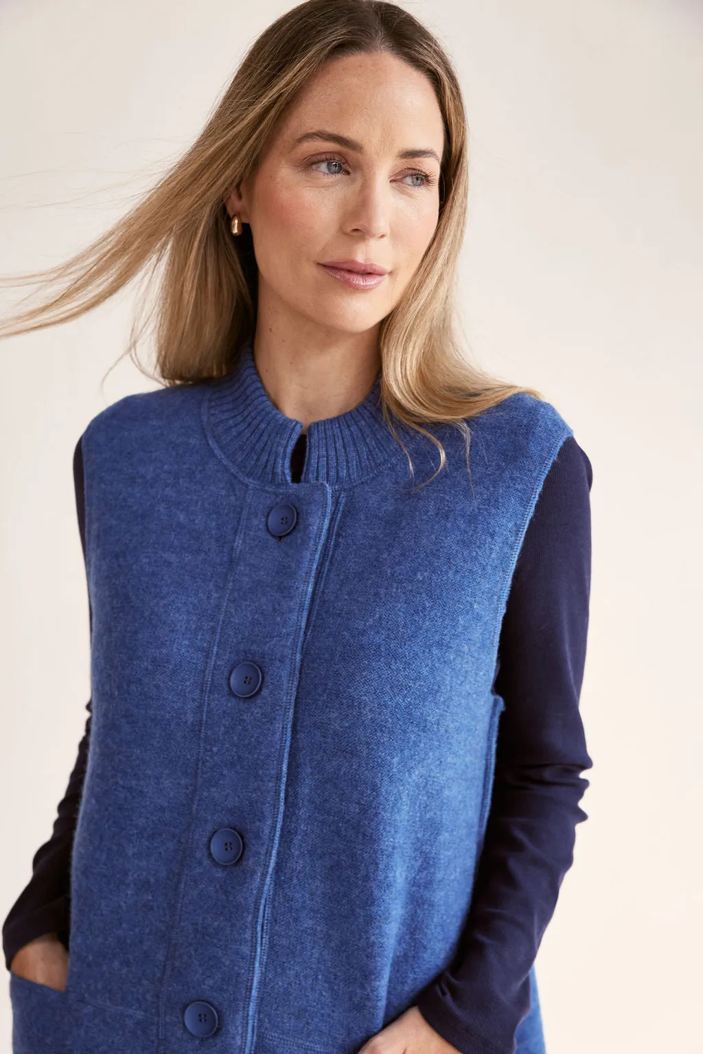Boiled Wool Longline Button Front Rib Vest - Denim
