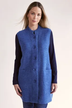 Boiled Wool Longline Button Front Rib Vest - Denim