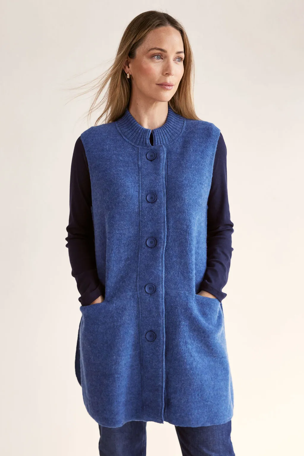 Boiled Wool Longline Button Front Rib Vest - Denim