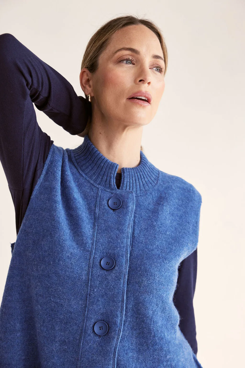 Boiled Wool Longline Button Front Rib Vest - Denim