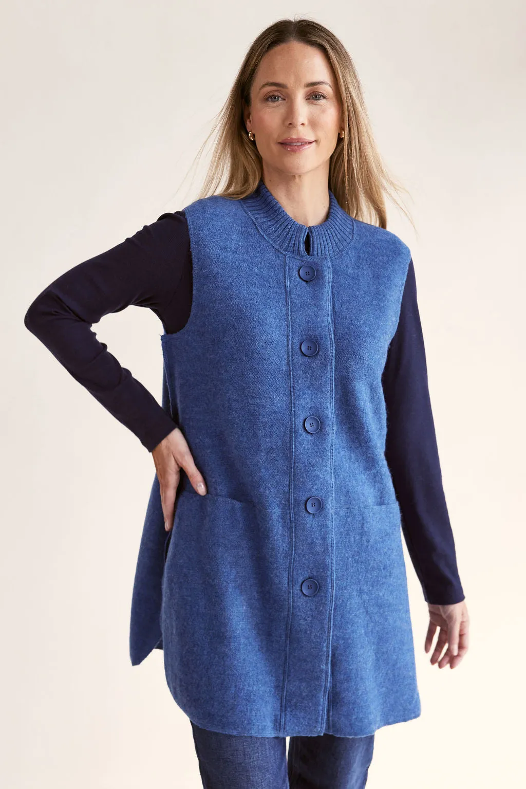 Boiled Wool Longline Button Front Rib Vest - Denim