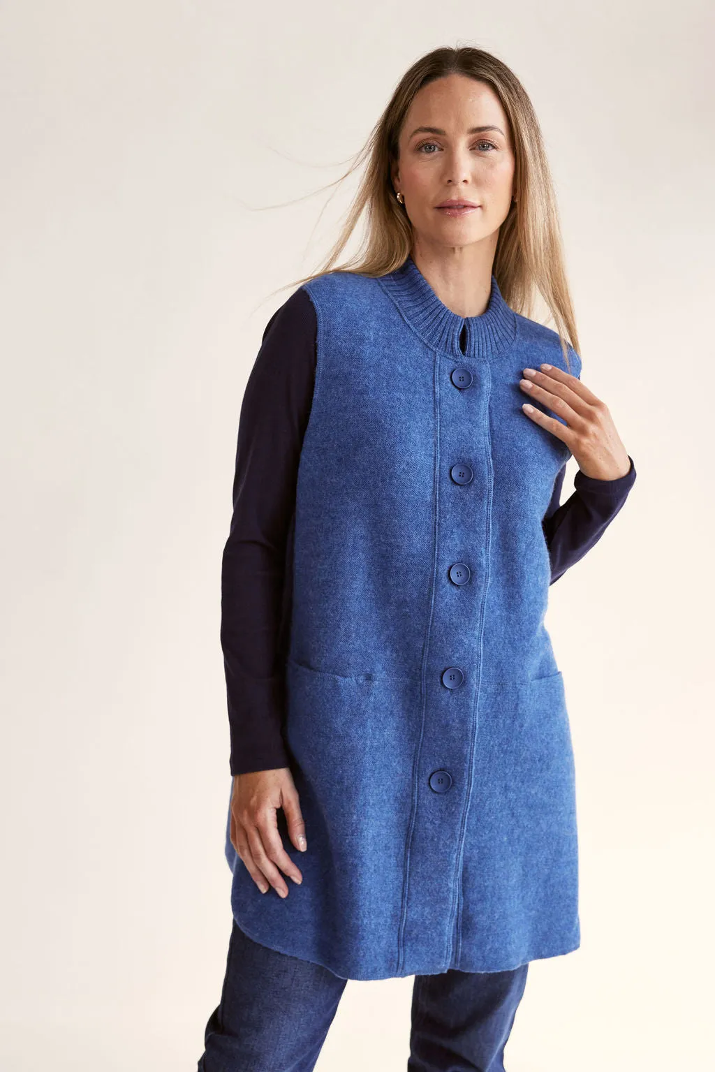 Boiled Wool Longline Button Front Rib Vest - Denim