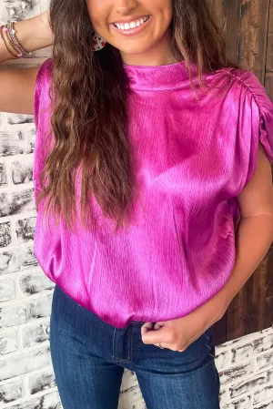 Bright Pink Ruched Sleeves Open Knotted Back Satin Blouse