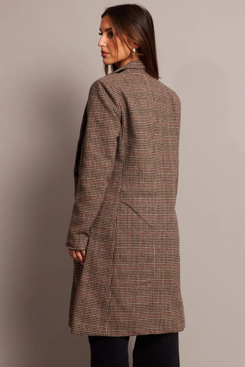 Brown Check One Button Coat Long Sleeve