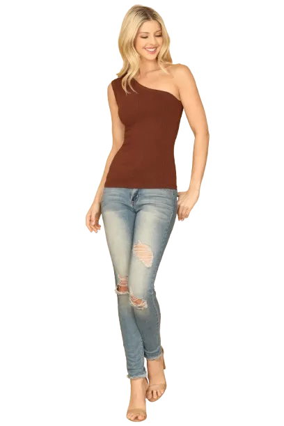 Brown Coral One Shoulder Ribbed Top - Pack of 5