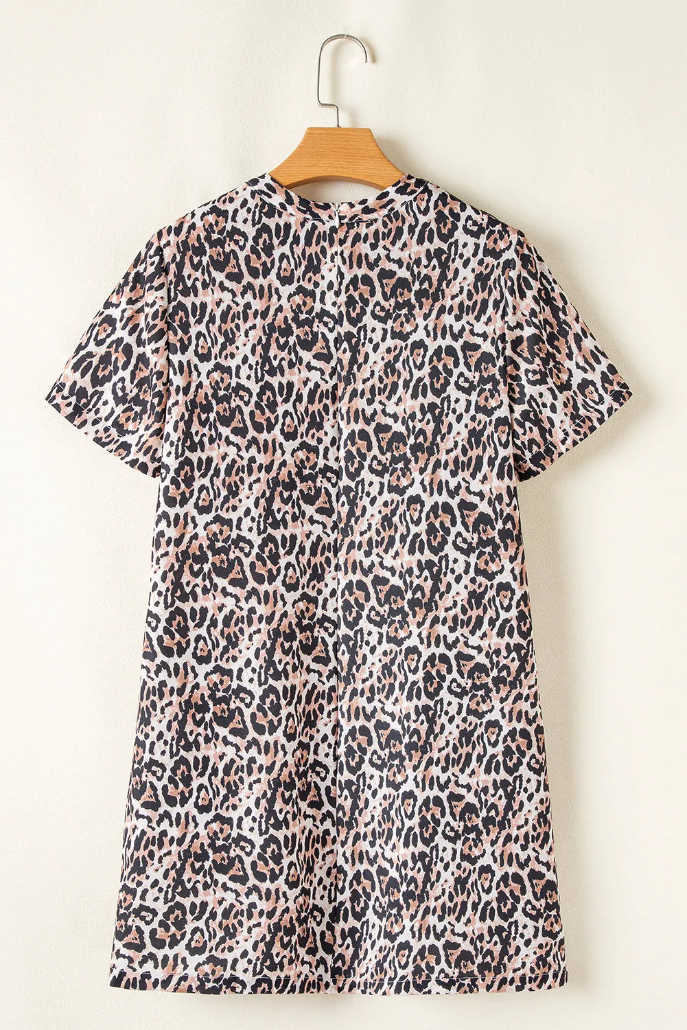 Brown Leopard Print Crew Neck Shift Short T Shirt Dress
