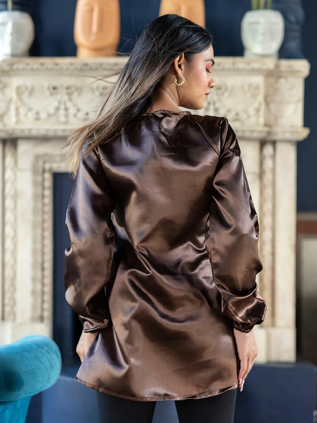Brown Satin Full Sleeves Top For Women