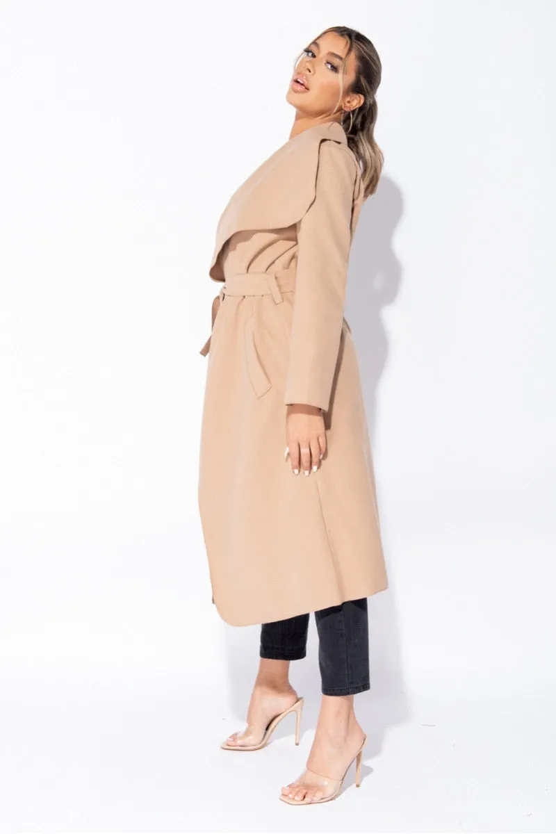 Camel Oversized Belted Waterfall Coat