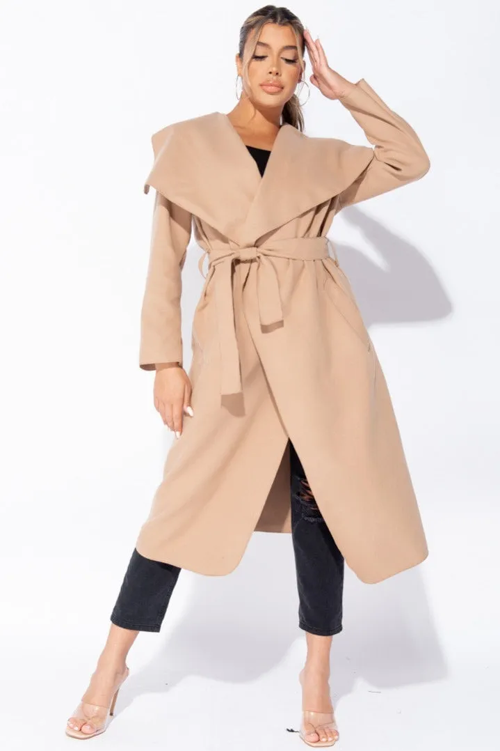 Camel Oversized Belted Waterfall Coat
