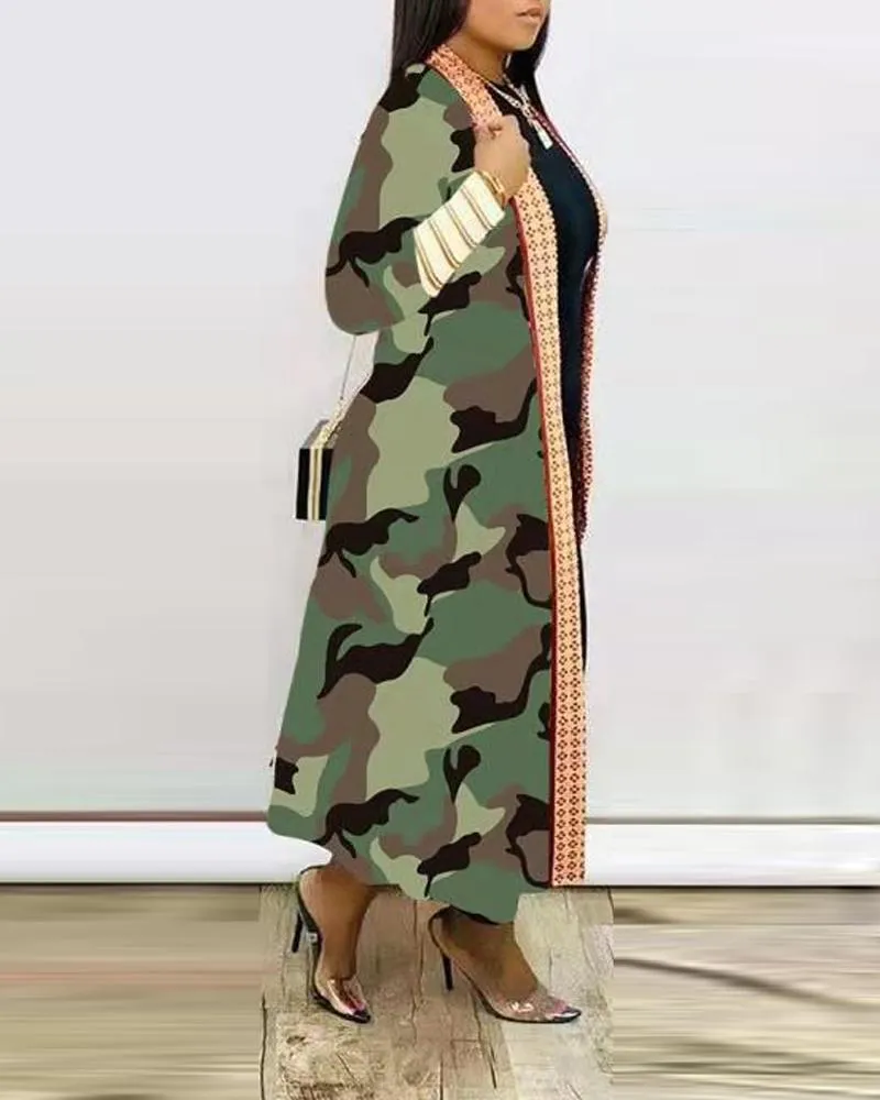 Camouflage Print Open Front Longline Coat