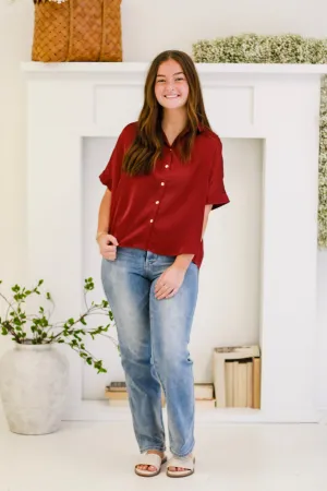 Casual Date Short Sleeve Button Down Top in Wine