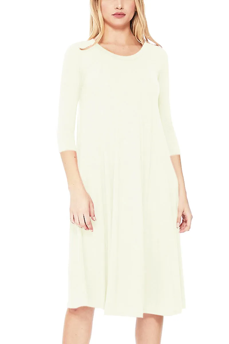 Casual Loose Fit 3/4 Sleeve Round Neck Jersey Knit A-Line Comfy Solid Midi Dress D393 $13 Each