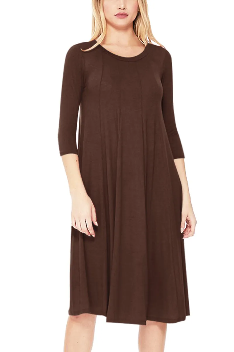 Casual Loose Fit 3/4 Sleeve Round Neck Jersey Knit A-Line Comfy Solid Midi Dress D393 $13 Each