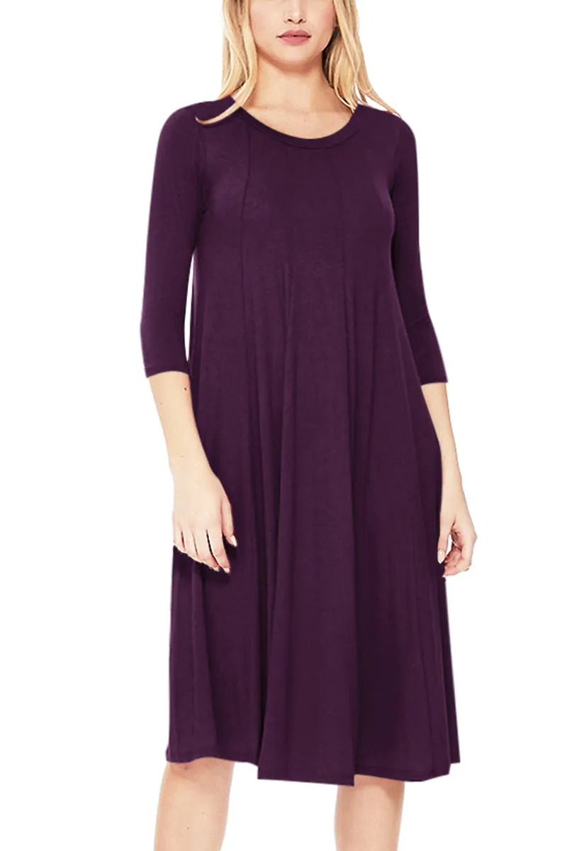 Casual Loose Fit 3/4 Sleeve Round Neck Jersey Knit A-Line Comfy Solid Midi Dress D393 $13 Each