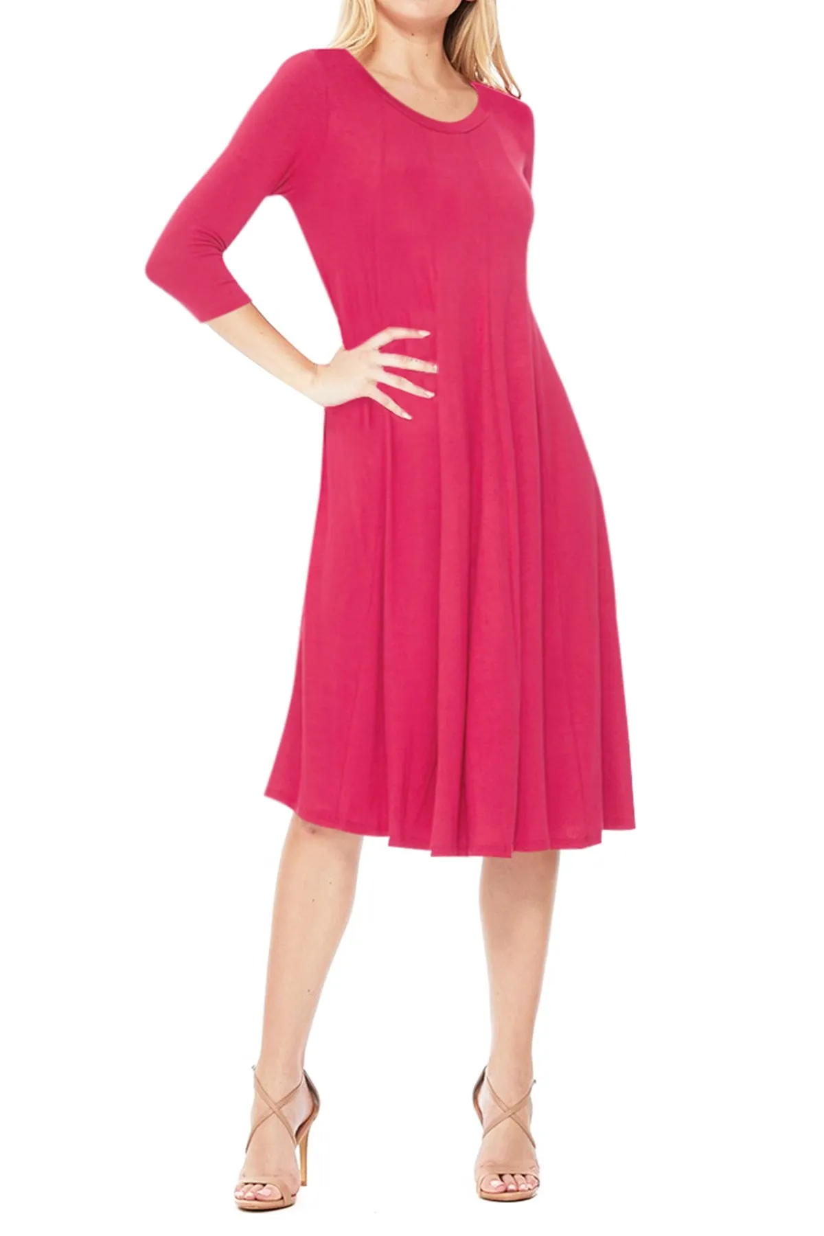 Casual Loose Fit 3/4 Sleeve Round Neck Jersey Knit A-Line Comfy Solid Midi Dress D393 $13 Each