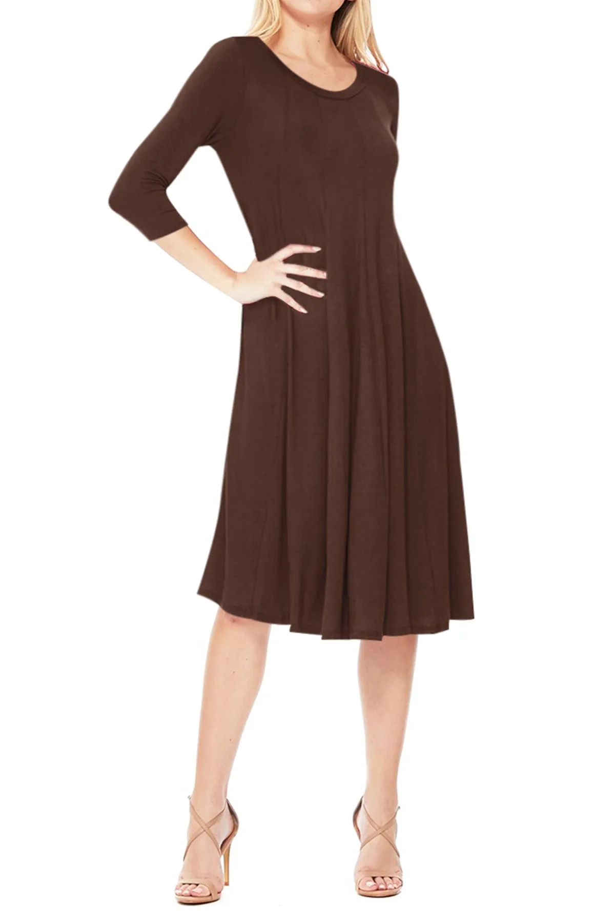 Casual Loose Fit 3/4 Sleeve Round Neck Jersey Knit A-Line Comfy Solid Midi Dress D393 $13 Each