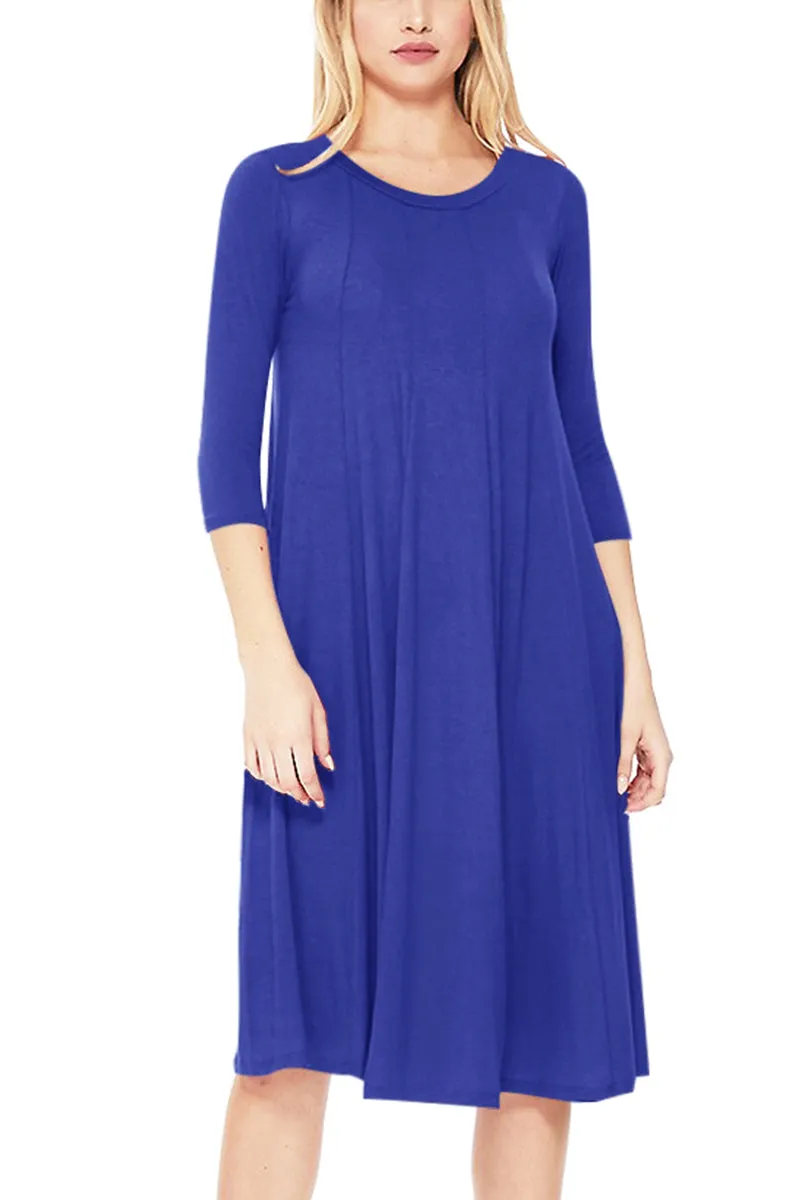 Casual Loose Fit 3/4 Sleeve Round Neck Jersey Knit A-Line Comfy Solid Midi Dress D393 $13 Each