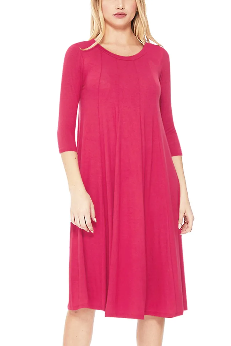 Casual Loose Fit 3/4 Sleeve Round Neck Jersey Knit A-Line Comfy Solid Midi Dress D393 $13 Each