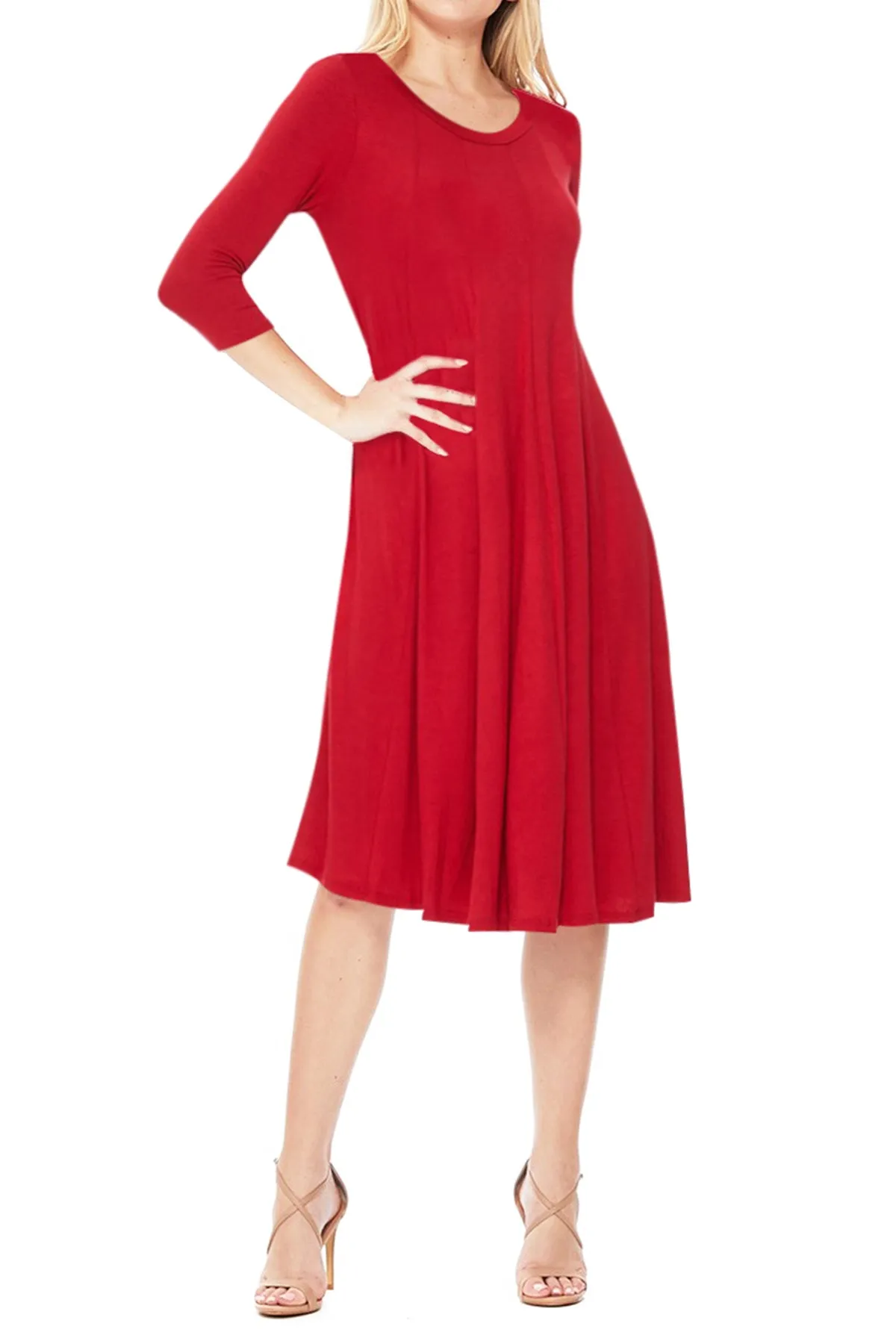 Casual Loose Fit 3/4 Sleeve Round Neck Jersey Knit A-Line Comfy Solid Midi Dress D393 $13 Each