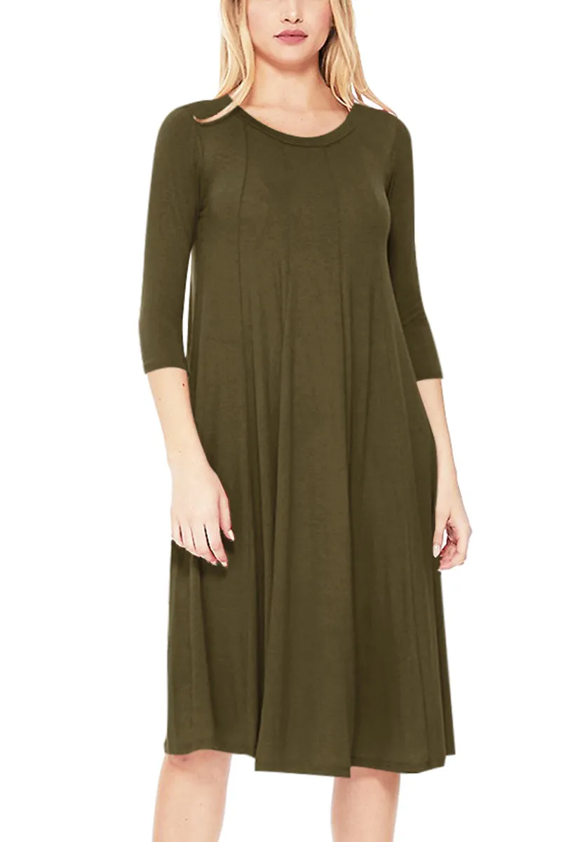 Casual Loose Fit 3/4 Sleeve Round Neck Jersey Knit A-Line Comfy Solid Midi Dress D393 $13 Each