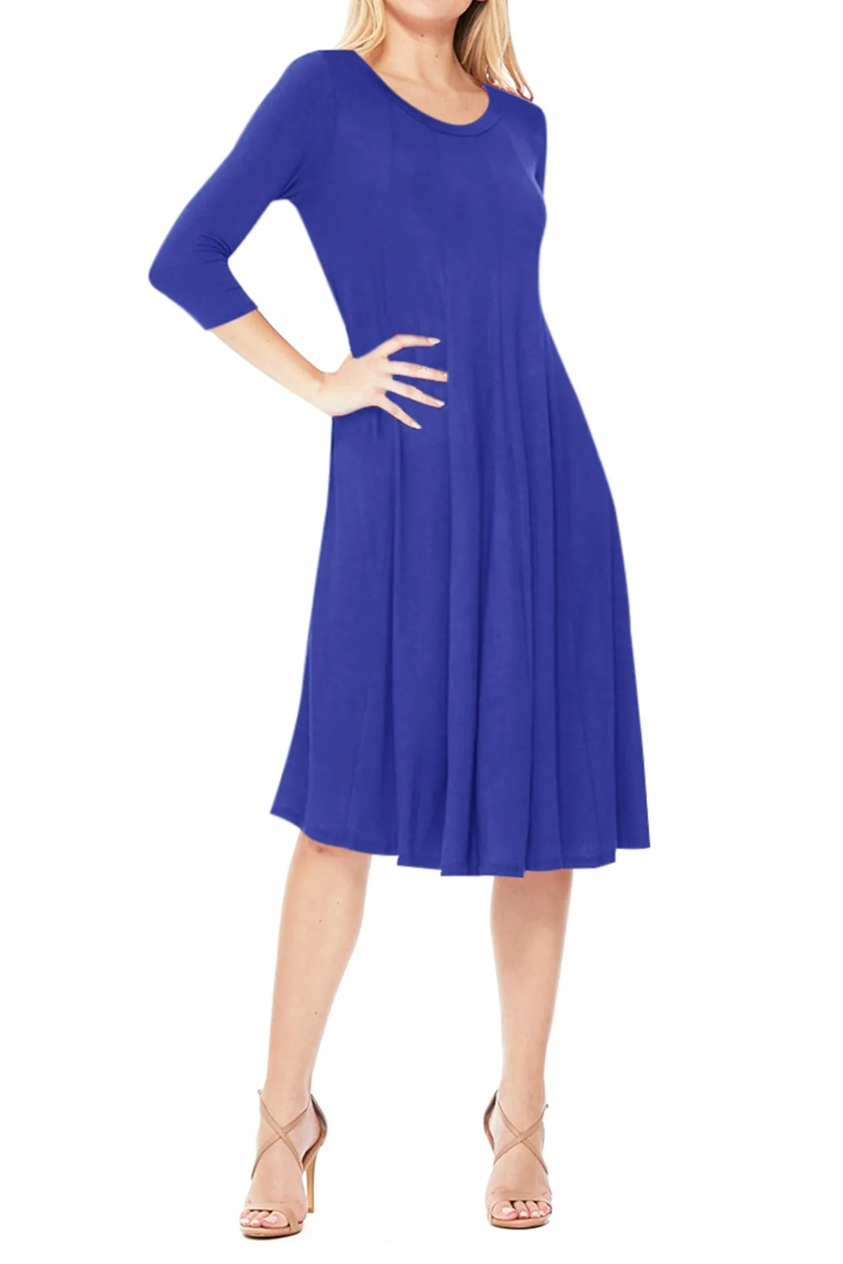 Casual Loose Fit 3/4 Sleeve Round Neck Jersey Knit A-Line Comfy Solid Midi Dress D393 $13 Each