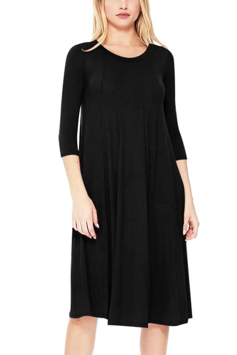 Casual Loose Fit 3/4 Sleeve Round Neck Jersey Knit A-Line Comfy Solid Midi Dress D393 $13 Each