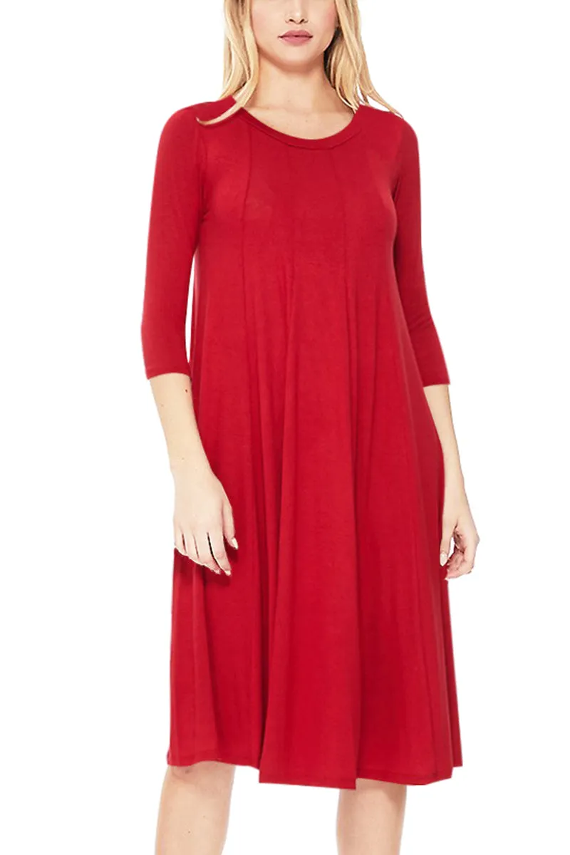 Casual Loose Fit 3/4 Sleeve Round Neck Jersey Knit A-Line Comfy Solid Midi Dress D393 $13 Each