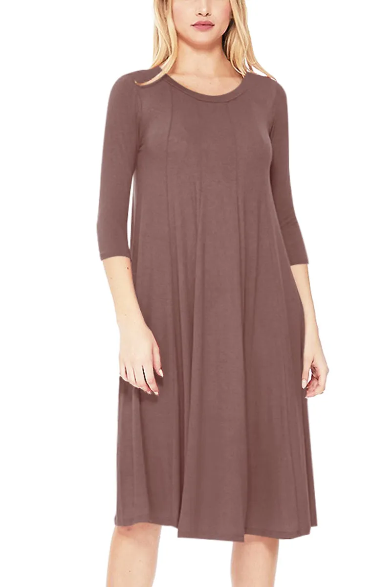 Casual Loose Fit 3/4 Sleeve Round Neck Jersey Knit A-Line Comfy Solid Midi Dress D393 $13 Each