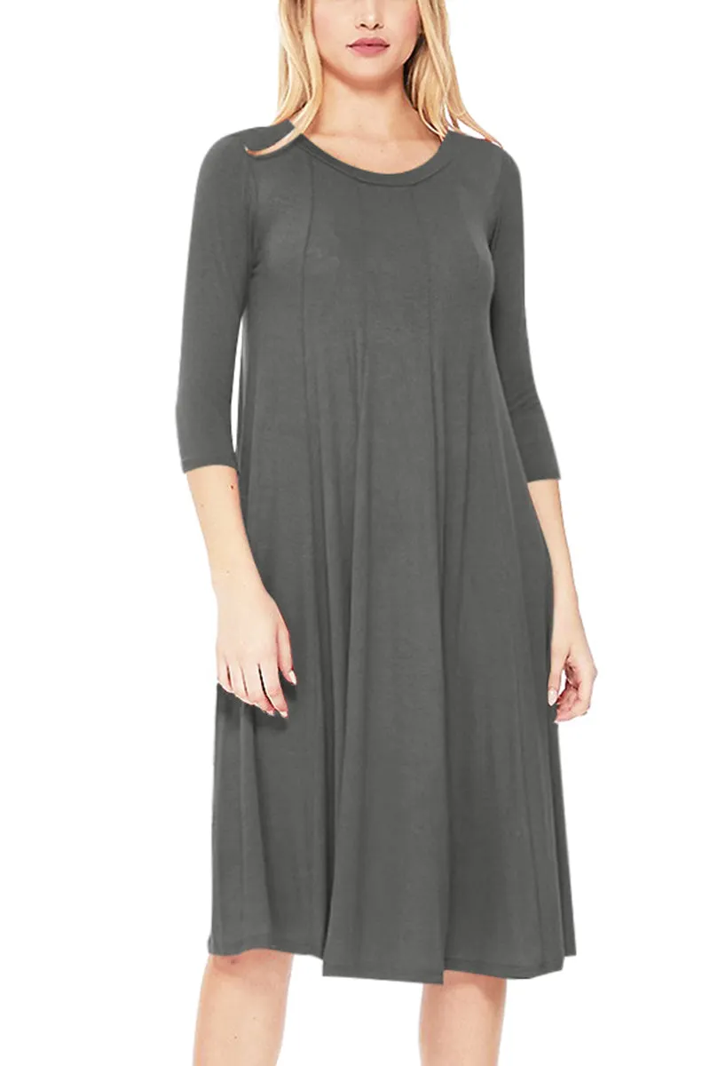 Casual Loose Fit 3/4 Sleeve Round Neck Jersey Knit A-Line Comfy Solid Midi Dress D393 $13 Each