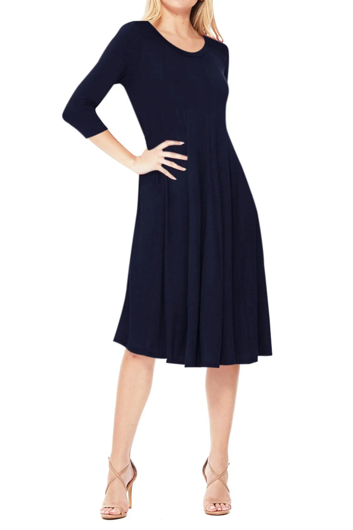 Casual Loose Fit 3/4 Sleeve Round Neck Jersey Knit A-Line Comfy Solid Midi Dress D393 $13 Each