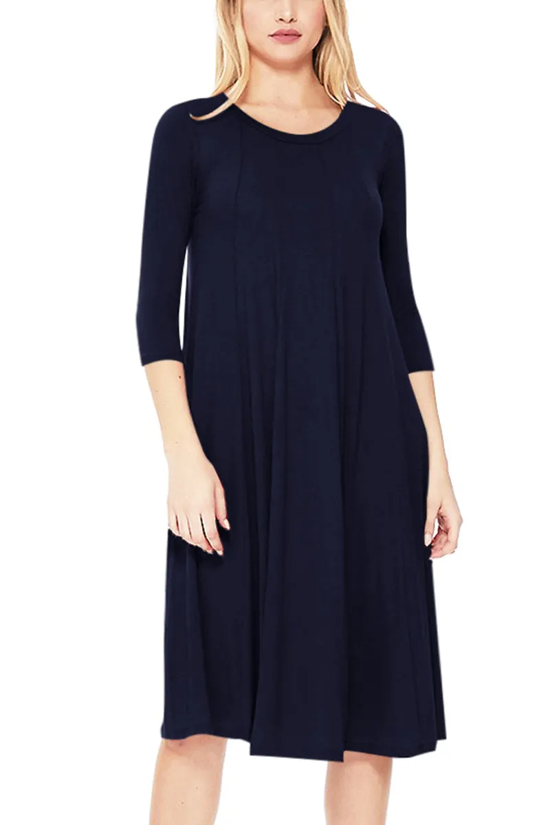 Casual Loose Fit 3/4 Sleeve Round Neck Jersey Knit A-Line Comfy Solid Midi Dress D393 $13 Each