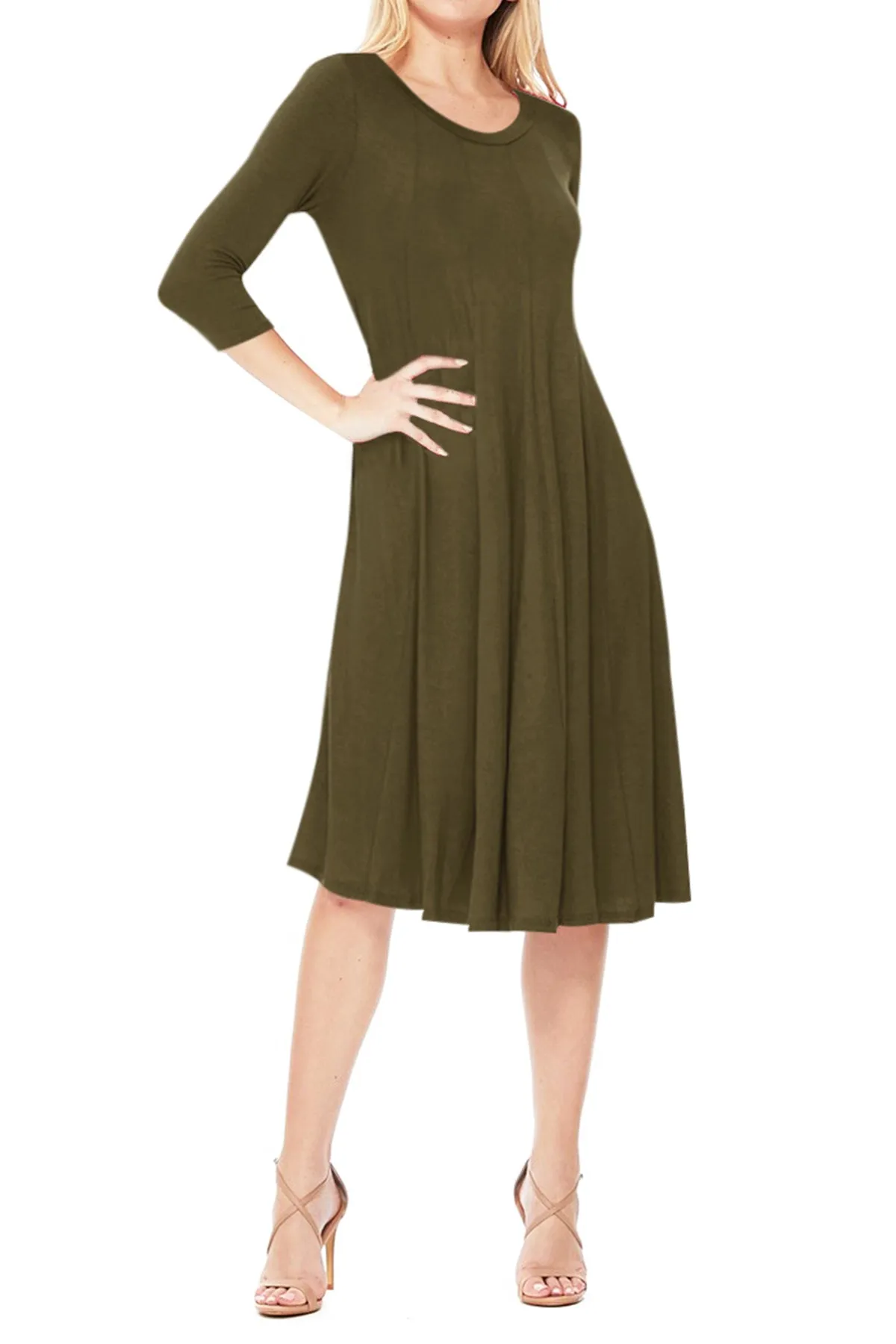 Casual Loose Fit 3/4 Sleeve Round Neck Jersey Knit A-Line Comfy Solid Midi Dress D393 $13 Each