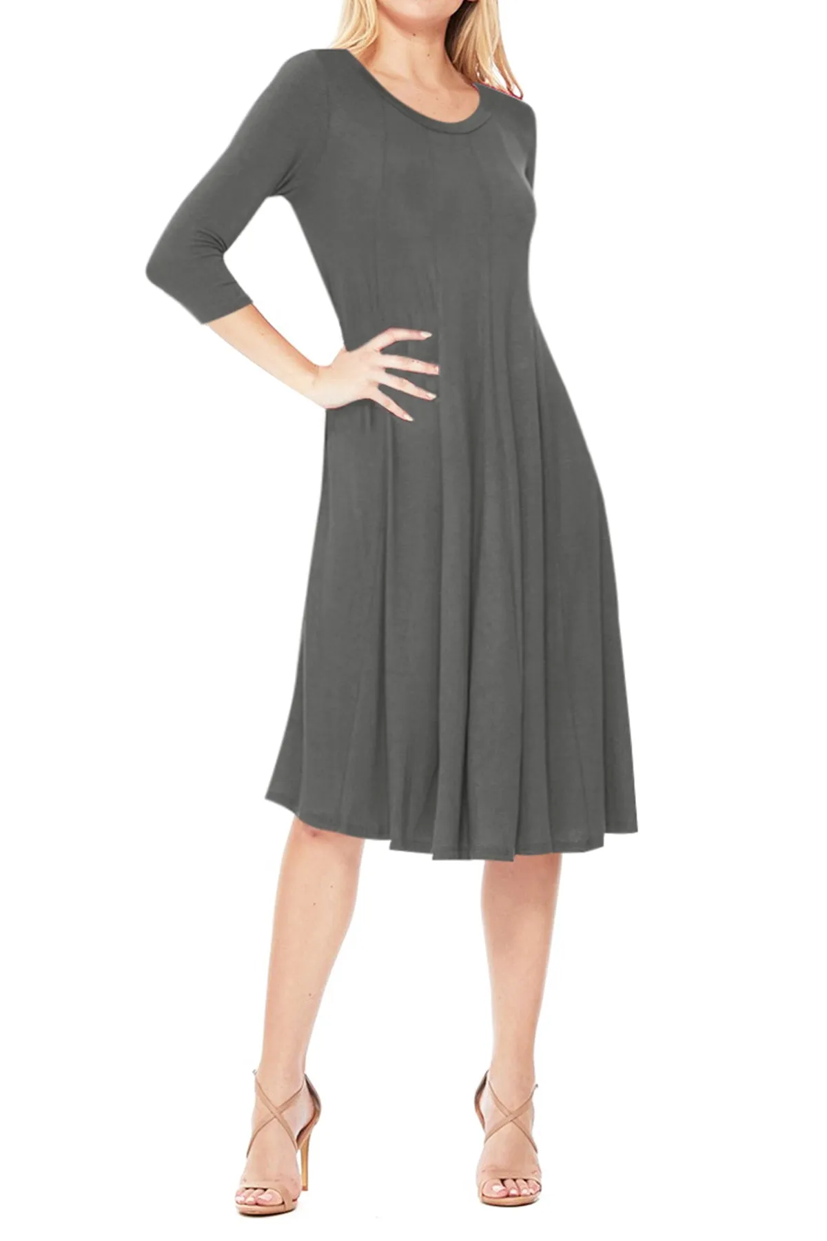 Casual Loose Fit 3/4 Sleeve Round Neck Jersey Knit A-Line Comfy Solid Midi Dress D393 $13 Each