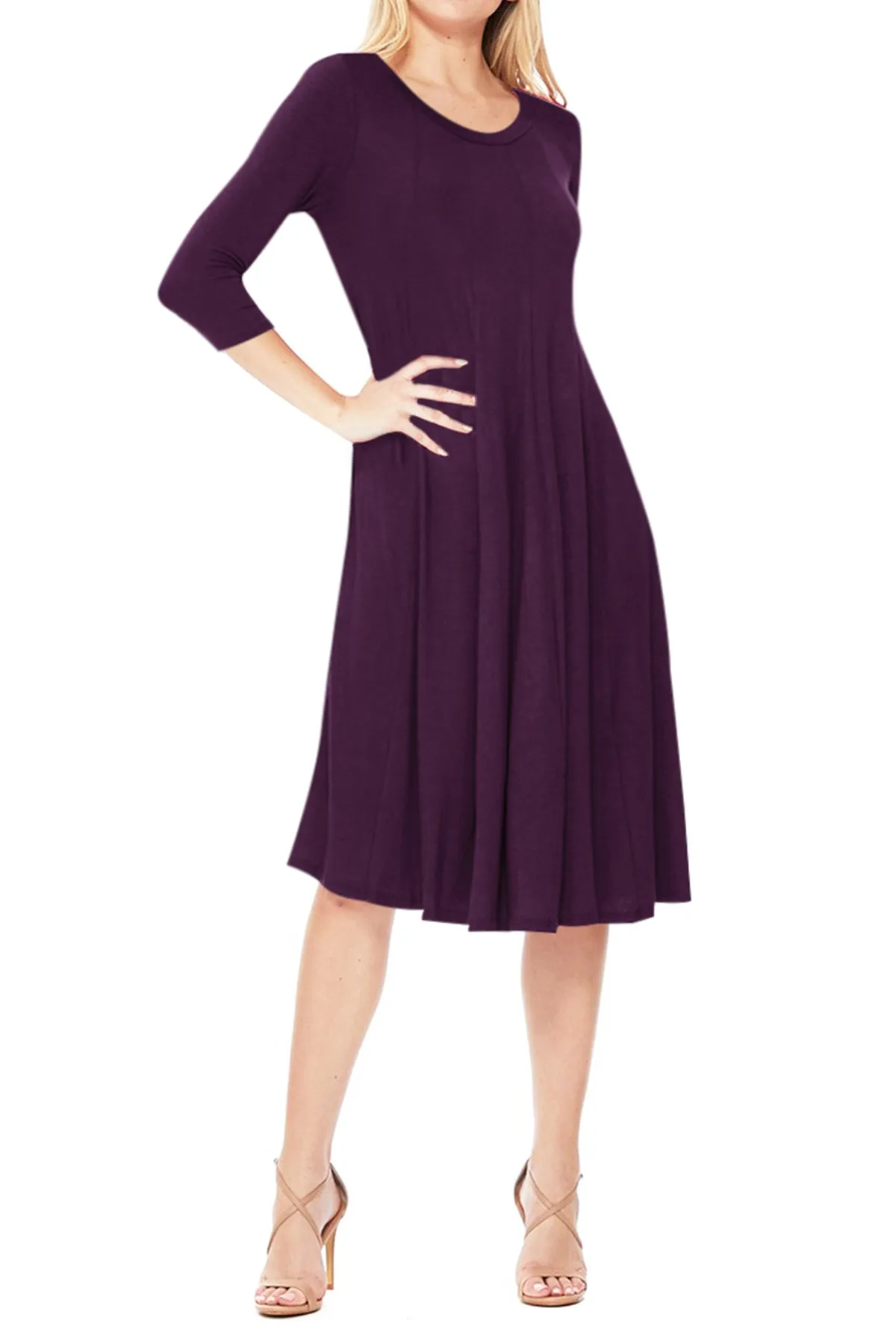 Casual Loose Fit 3/4 Sleeve Round Neck Jersey Knit A-Line Comfy Solid Midi Dress D393 $13 Each