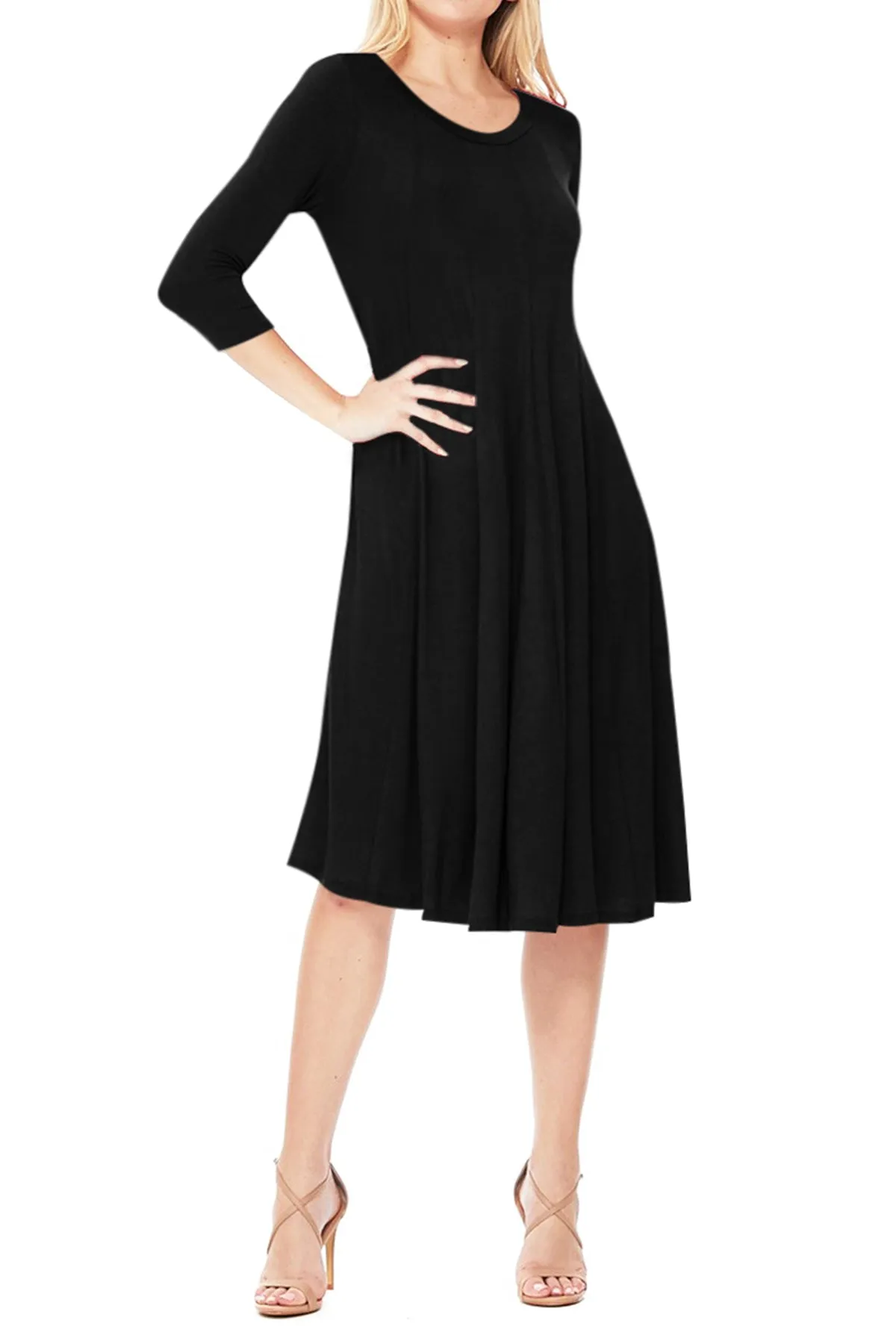 Casual Loose Fit 3/4 Sleeve Round Neck Jersey Knit A-Line Comfy Solid Midi Dress D393 $13 Each