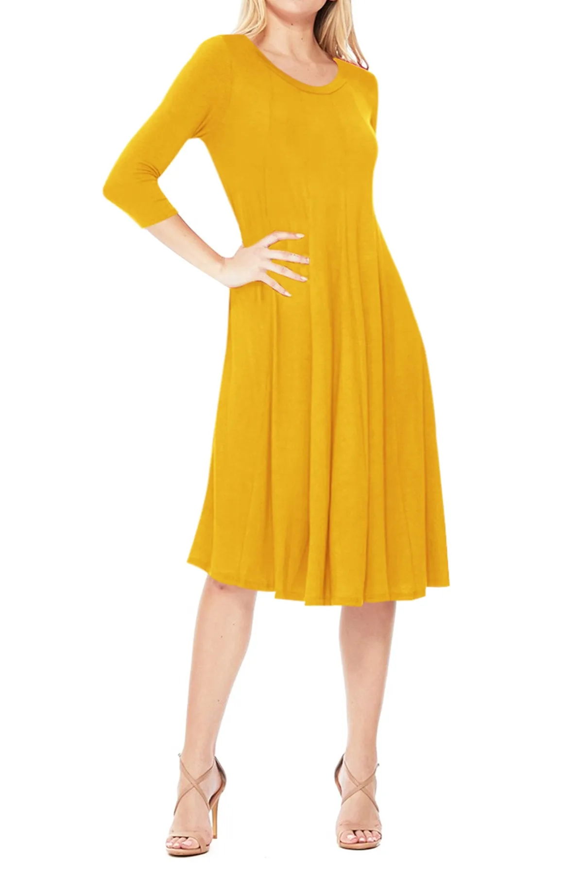 Casual Loose Fit 3/4 Sleeve Round Neck Jersey Knit A-Line Comfy Solid Midi Dress D393 $13 Each