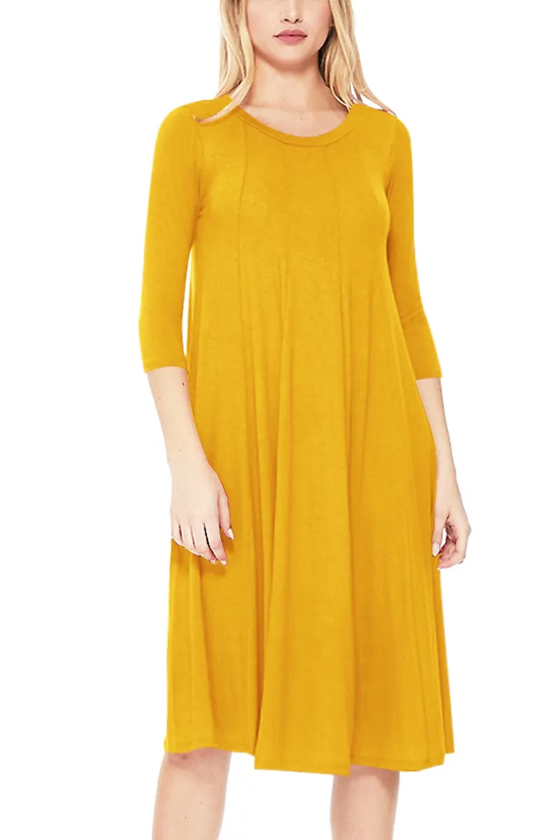 Casual Loose Fit 3/4 Sleeve Round Neck Jersey Knit A-Line Comfy Solid Midi Dress D393 $13 Each