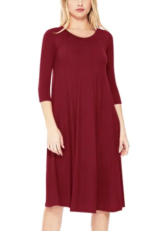Casual Loose Fit 3/4 Sleeve Round Neck Jersey Knit A-Line Comfy Solid Midi Dress D393 $13 Each