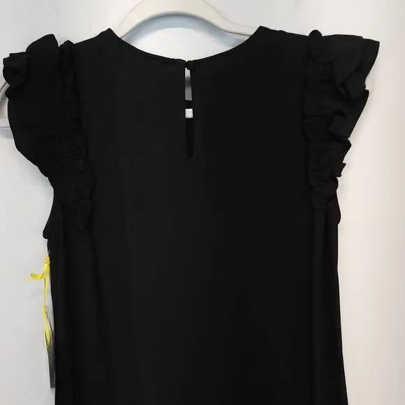 CeCe Mini Shift Dress Womens 0 Black Flutter Sleeve Ruffled Crepe Keyhole Chic