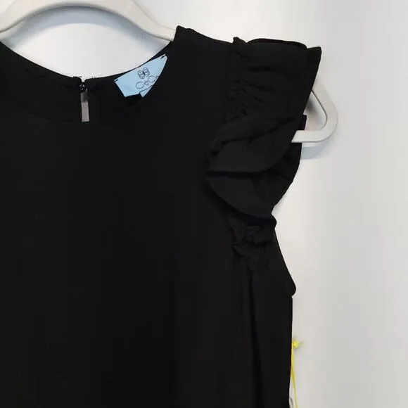 CeCe Mini Shift Dress Womens 0 Black Flutter Sleeve Ruffled Crepe Keyhole Chic