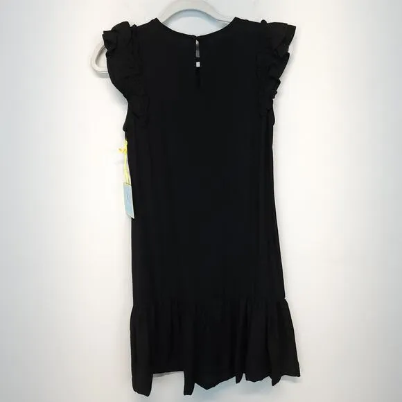 CeCe Mini Shift Dress Womens 0 Black Flutter Sleeve Ruffled Crepe Keyhole Chic