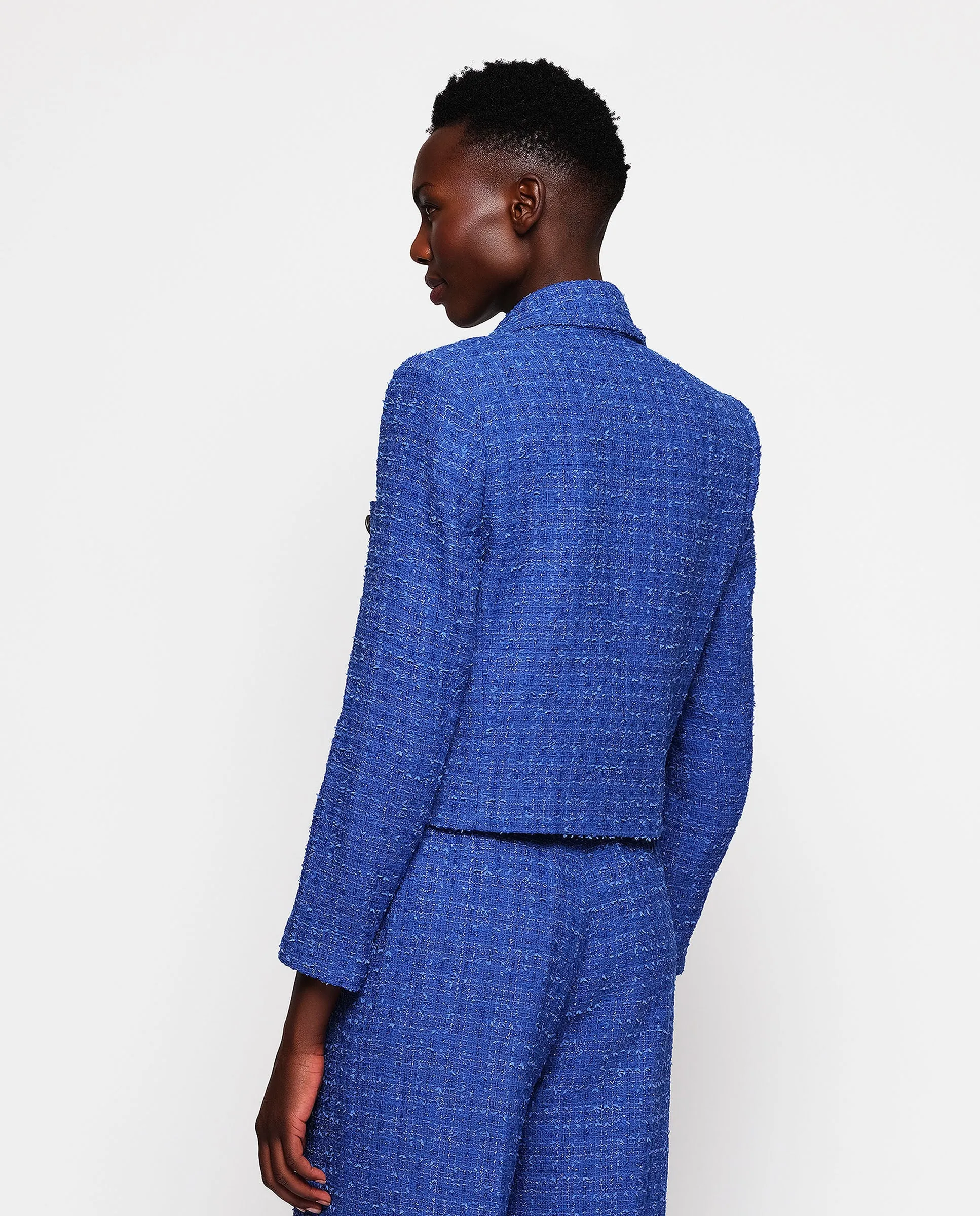 Chaqueta cruzada azul de tweed brillante