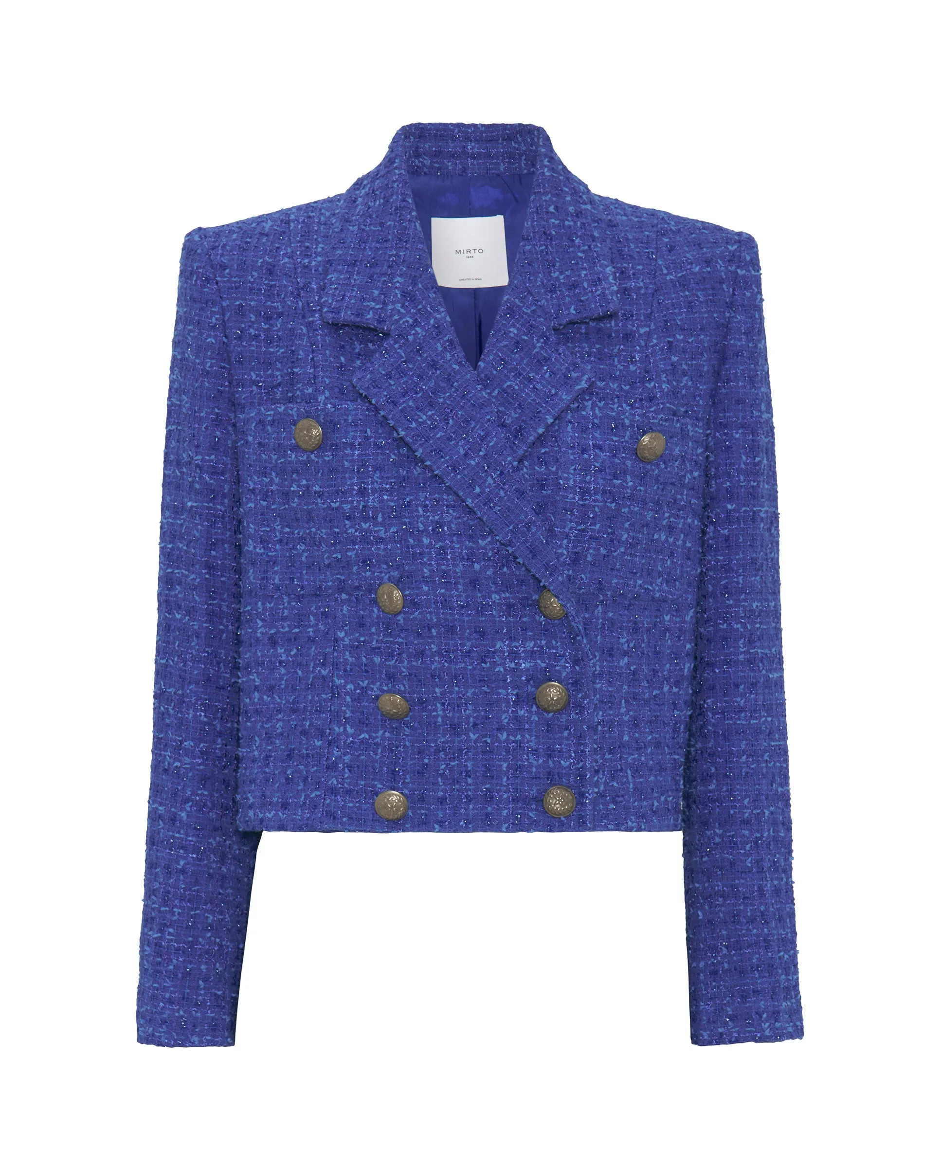 Chaqueta cruzada azul de tweed brillante